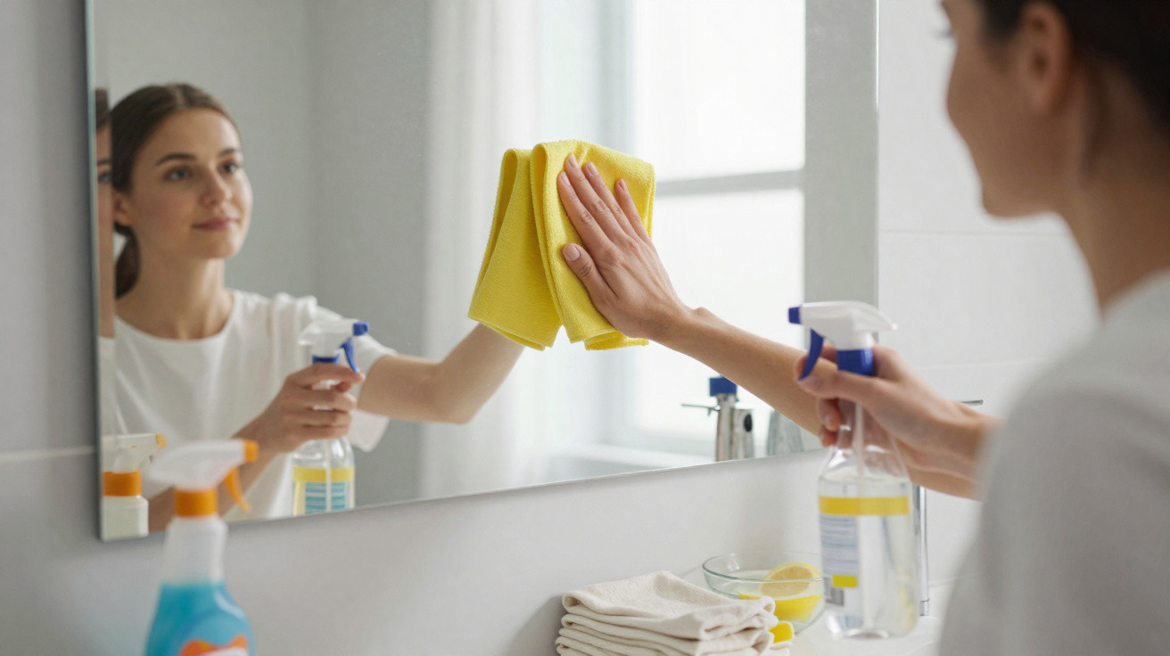 Woman cleaning a bathroom mirror with a yellow cloth and spray bottle, reflected in the mirror.