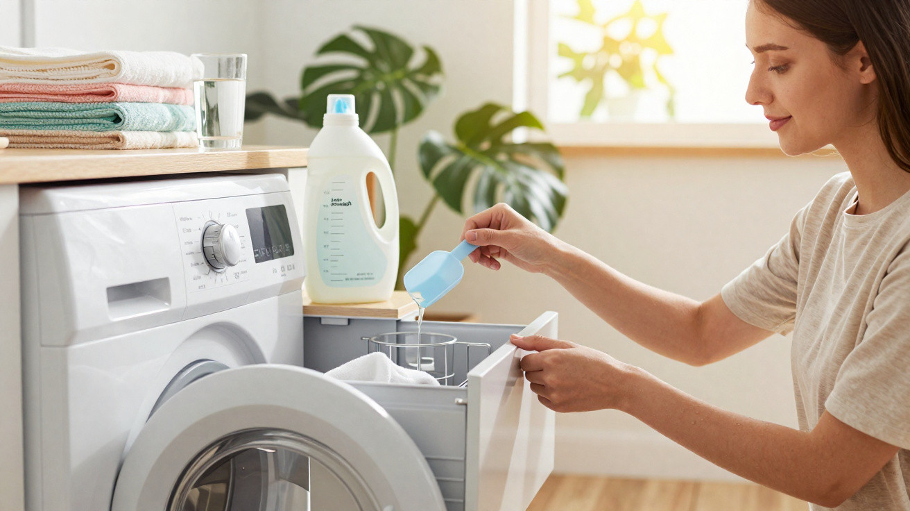 Woman pouring liquid detergent into washing machine drawer in a bright laundry room with folded towels nearby