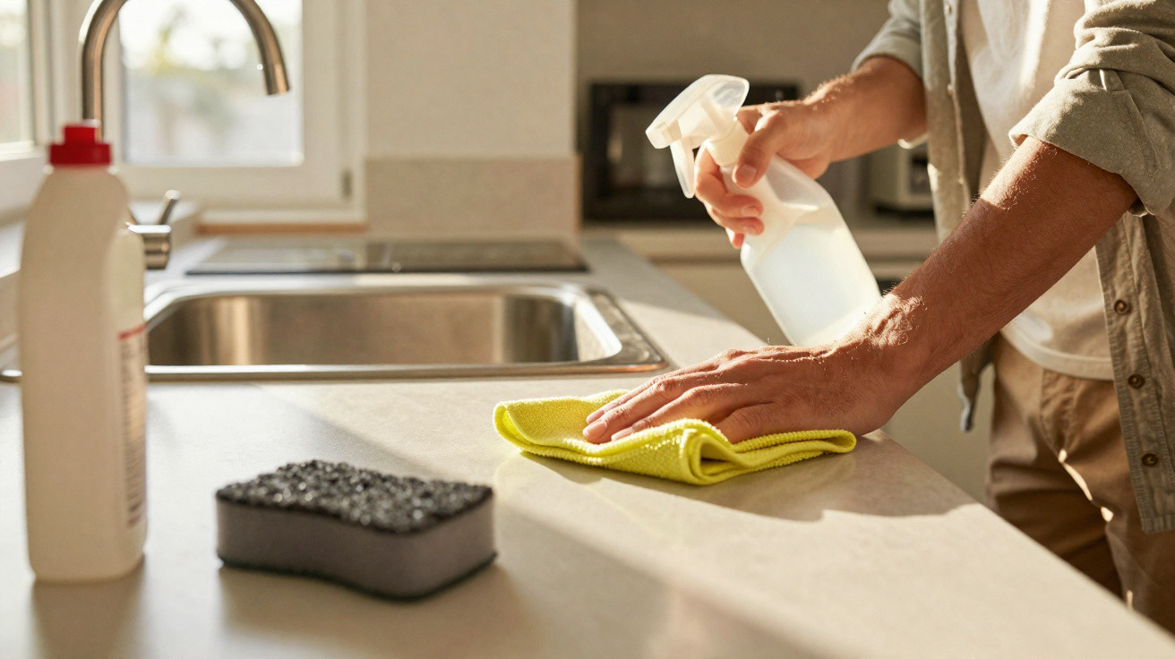 Person cleaning kitchen countertop with yellow cloth and spray bottle near sink and cleaning supplies.