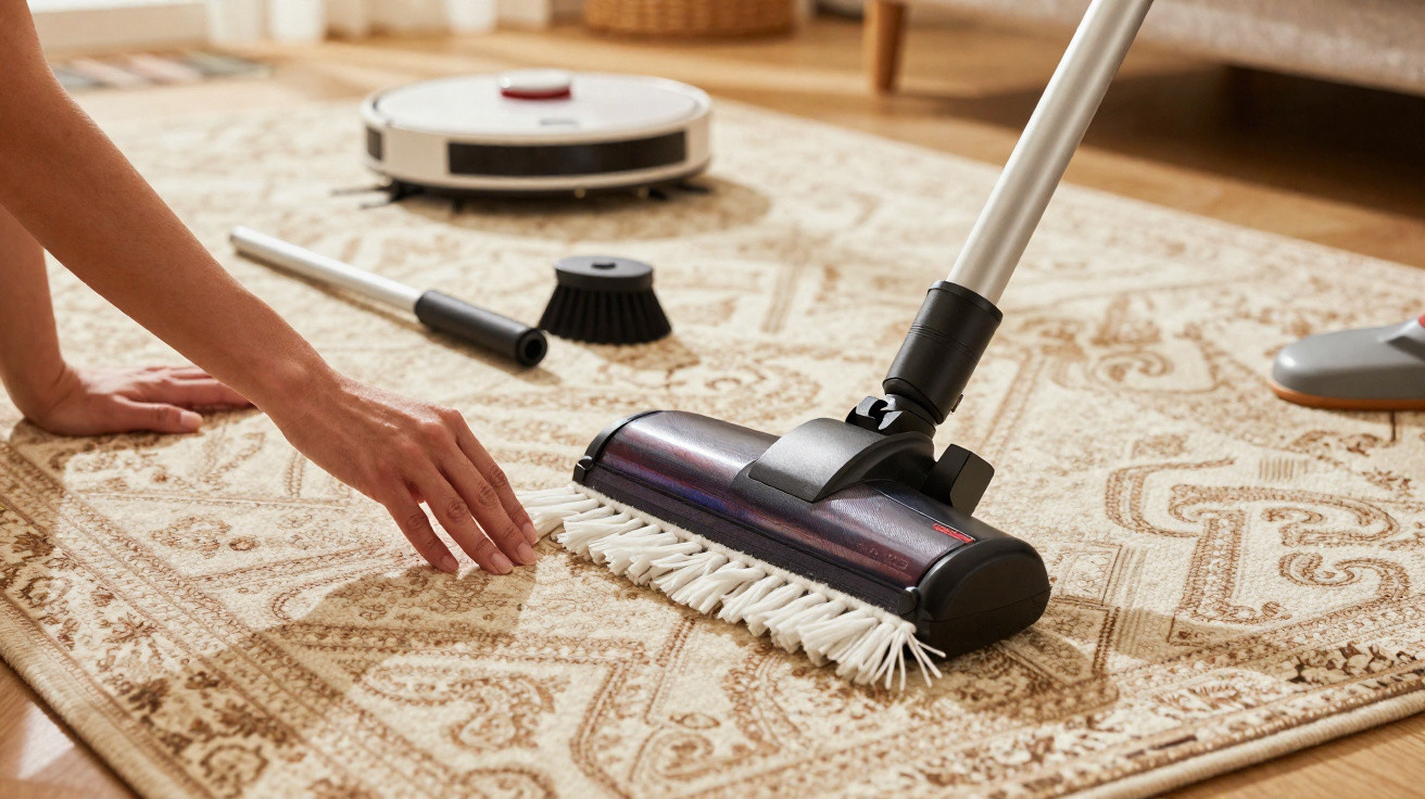 Person using a motorised carpet brush cleaner on a patterned beige rug with a robot vacuum in the background.
