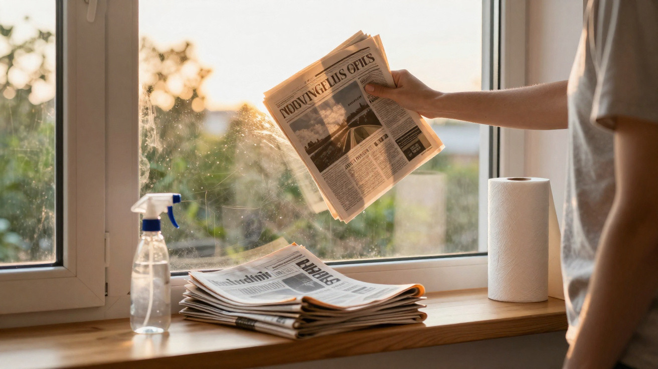 Person holding a newspaper by a window with a spray bottle, paper towels, and a stack of newspapers on the sill.
