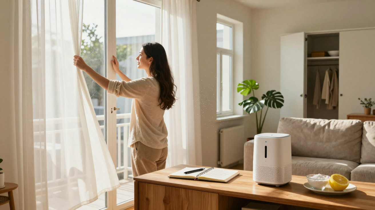 Woman opening sheer curtains in a bright living room with a sofa, plants and a wooden table with a humidifier.