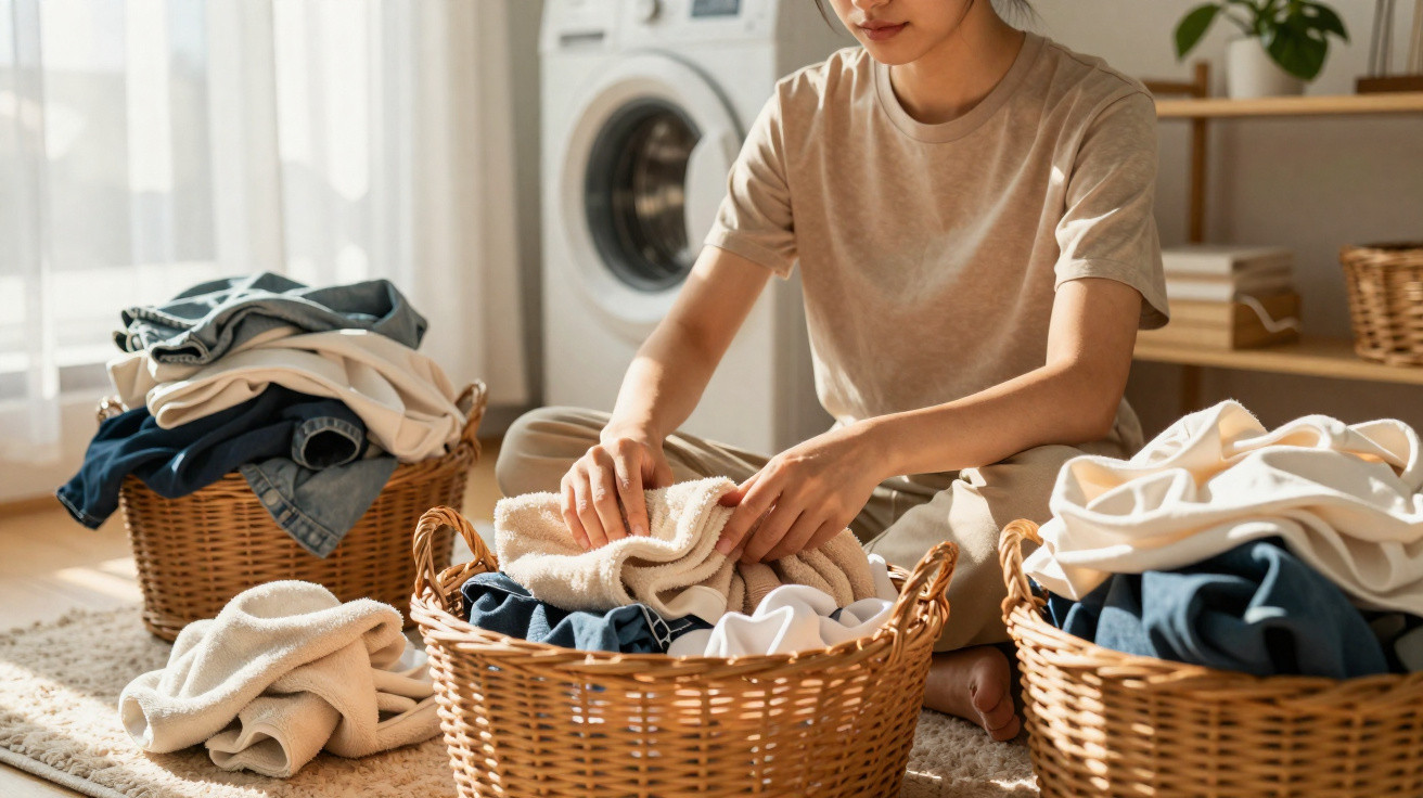Person folding laundry and sorting clothes into wicker baskets in a bright room with a washing machine.
