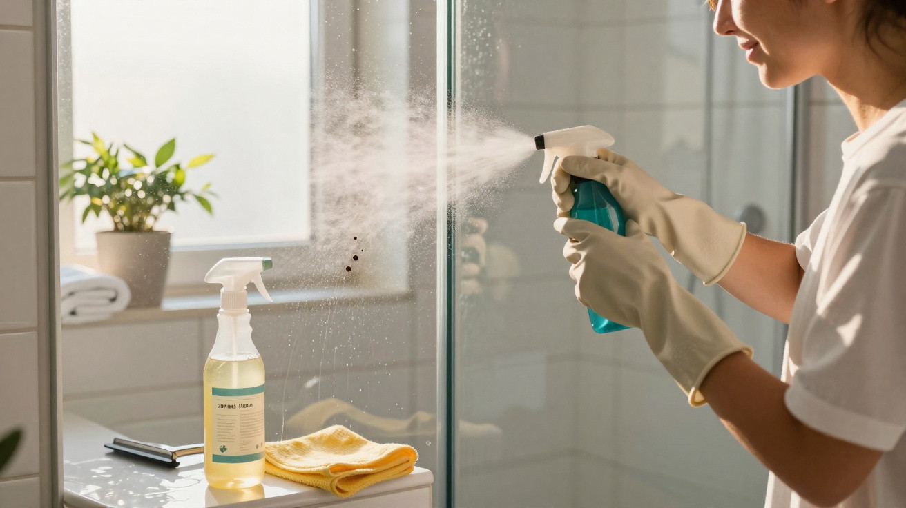 Person wearing gloves spraying cleaning solution onto a glass shower door in a bathroom.