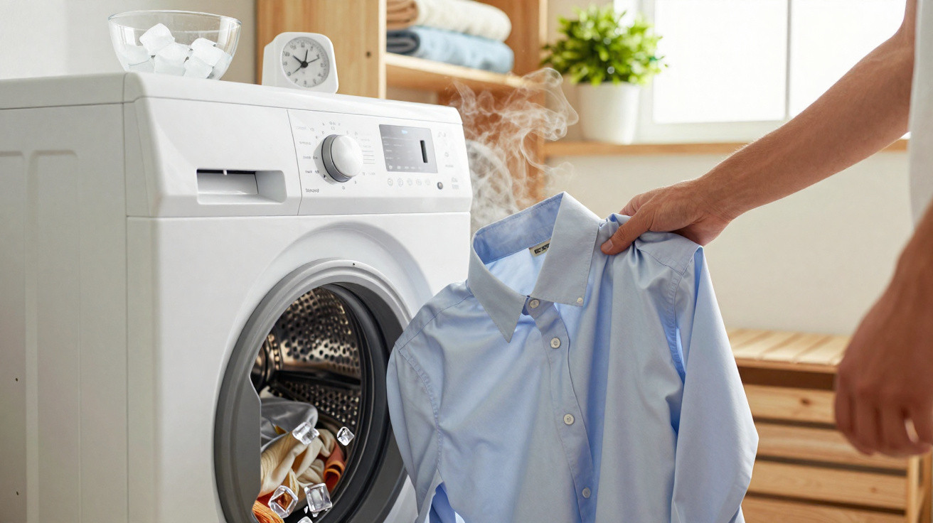 Person holding a freshly steamed blue shirt near an open washing machine in a bright laundry room.