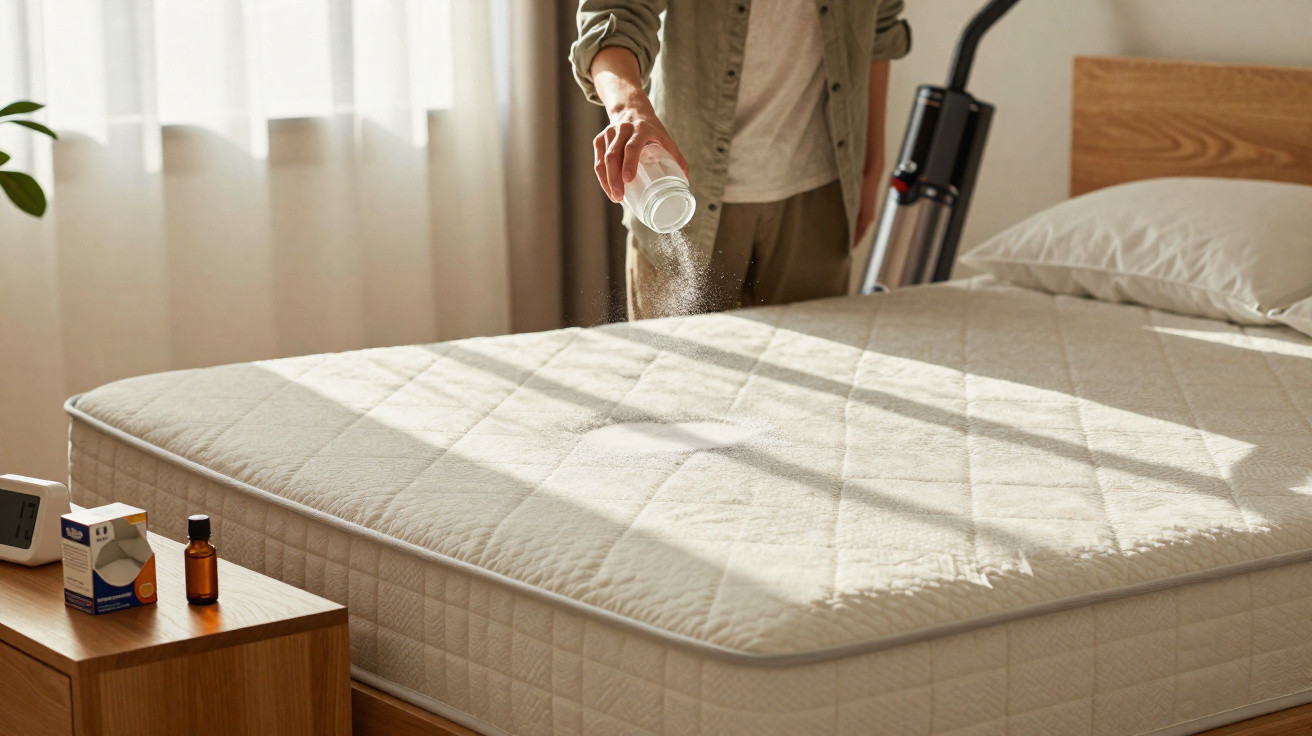 Person sprinkling powder onto a clean mattress in a sunlit bedroom with a bedside table and vacuum cleaner nearby