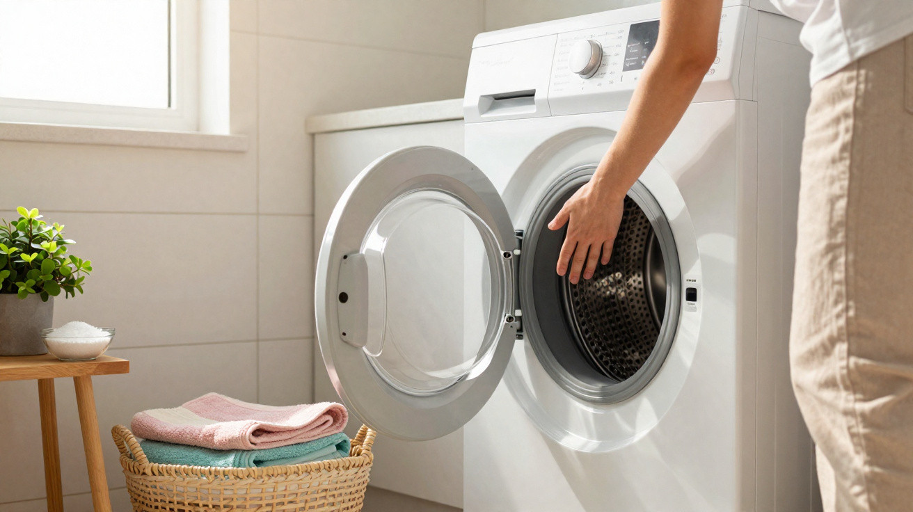 Person loading clothes into an open front-loading washing machine in a bright laundry room.