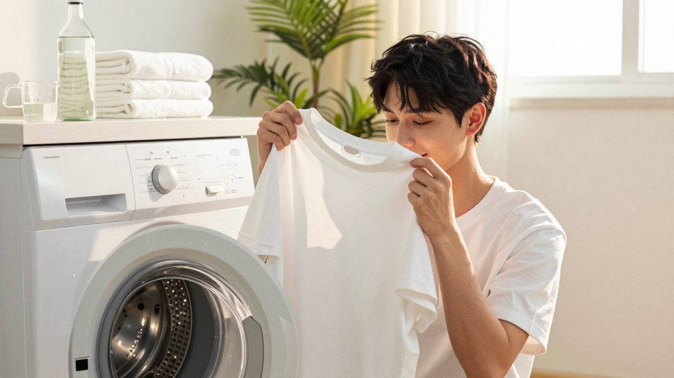Young man smelling a freshly washed white T-shirt next to a washing machine in a bright room