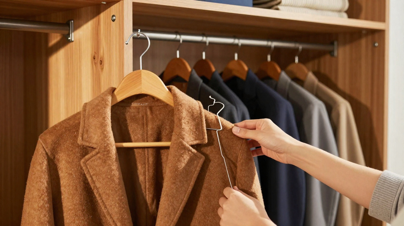 Hands placing a brown coat on a wooden hanger in a wardrobe with other coats hanging behind.