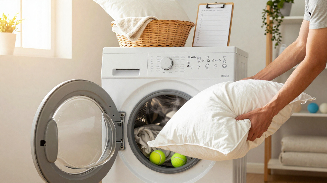 Person loading a white pillow and tennis balls into a front-loading washing machine in a laundry room.