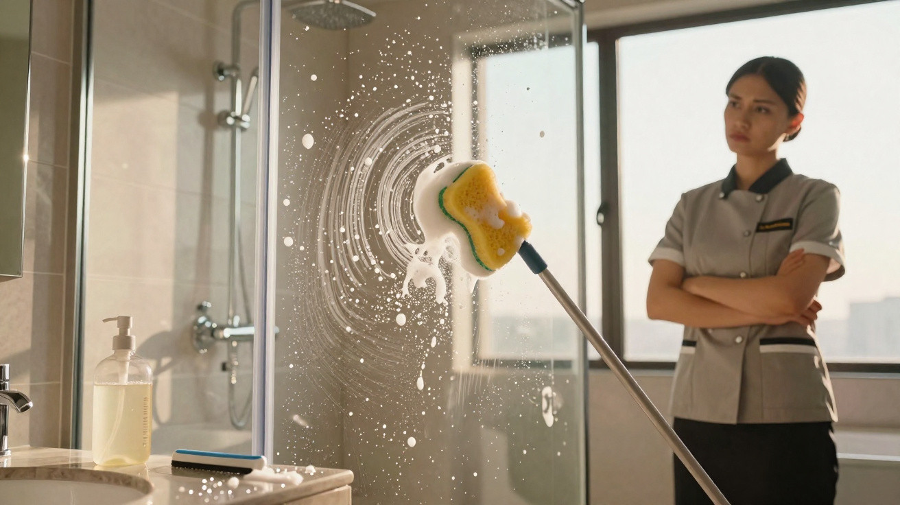 Housekeeper in uniform cleaning a soapy glass shower door with a sponge mop in a modern bathroom.