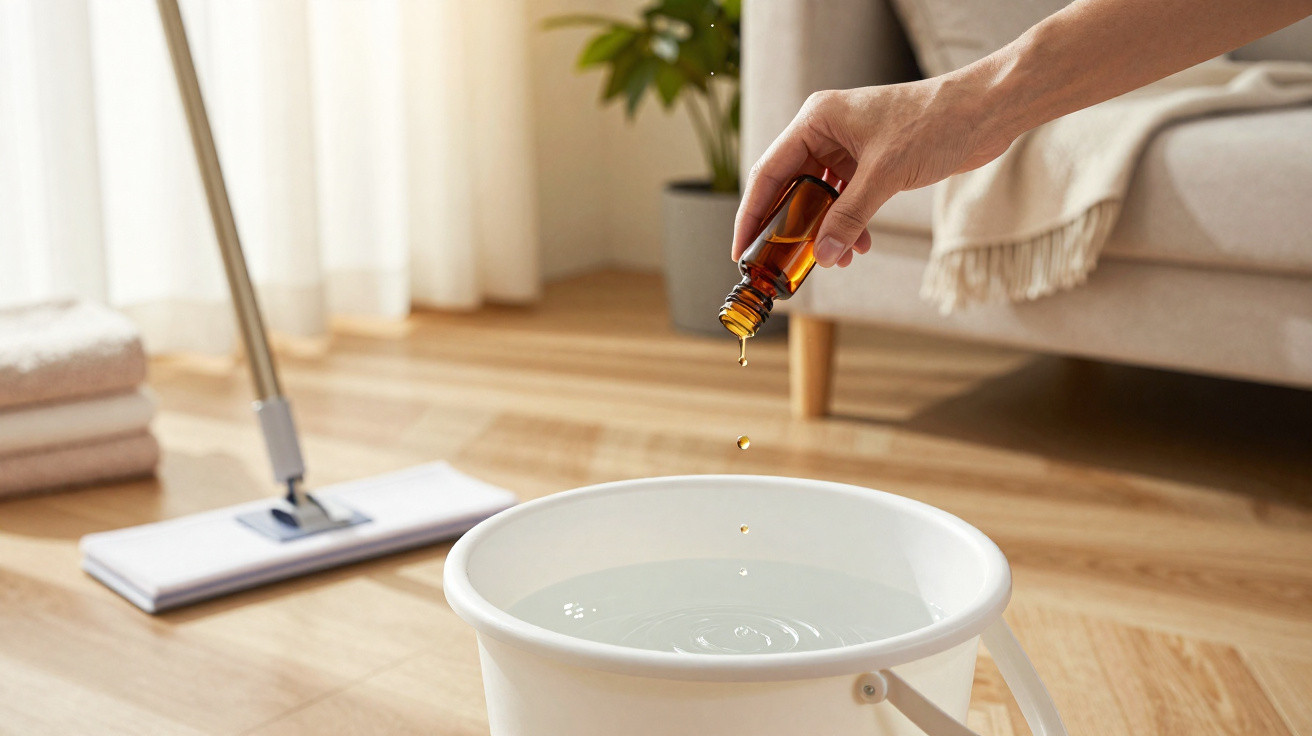 Hand adding essential oil drops into a white bucket of water with a mop and folded towels in the background.