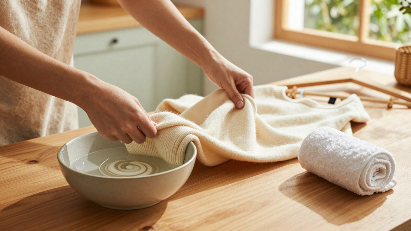 Person hand-washing a cream-colored garment in a bowl of water on a wooden table next to a rolled white towel.