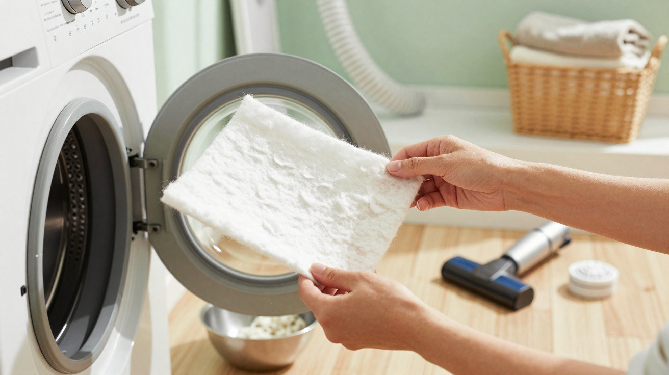 Hands holding a white cleaning cloth near a front-loading washing machine on a wooden surface.