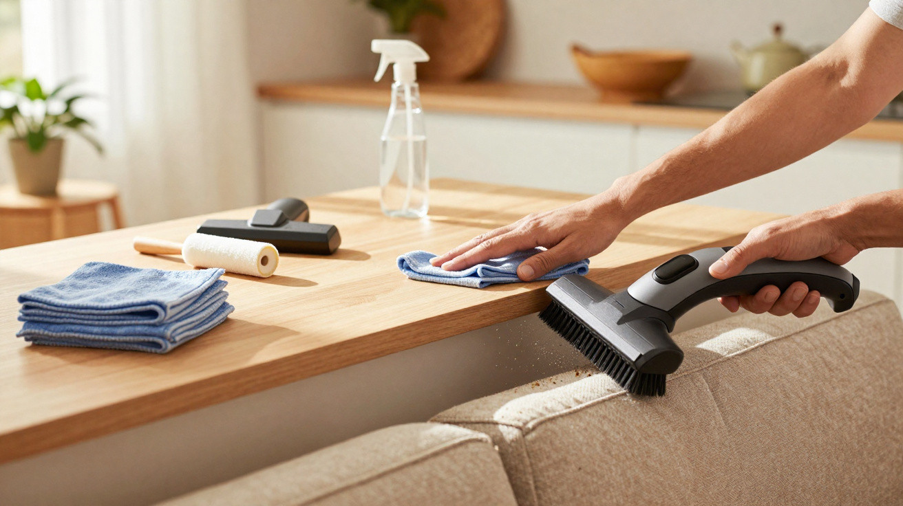 Person using a brush attachment on a vacuum to clean a beige sofa with cleaning cloths and spray bottle nearby