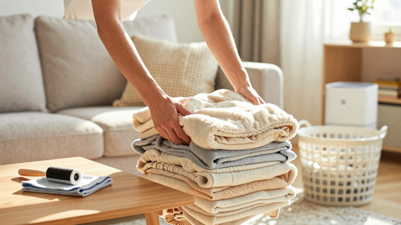 Person folding a stack of clean, neutral-coloured clothing on a wooden table in a bright living room.