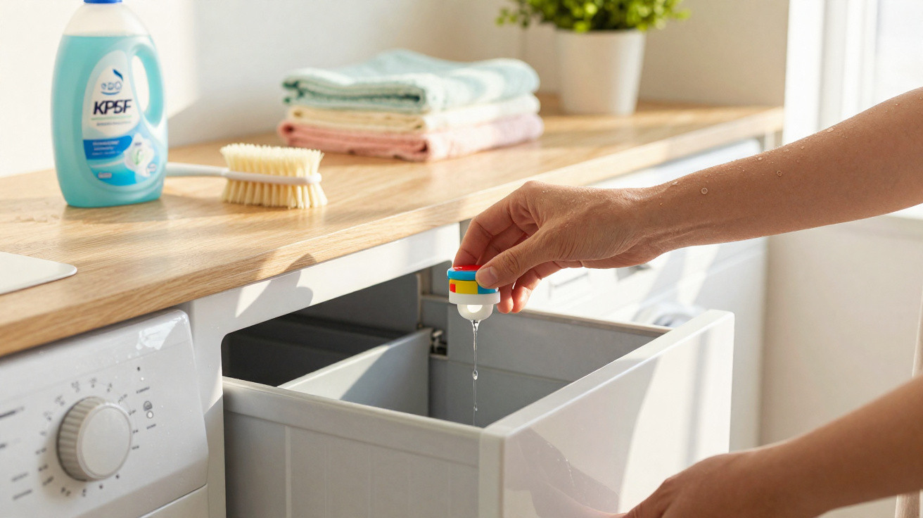 Person pouring liquid detergent into a washing machine drawer in a bright laundry room.