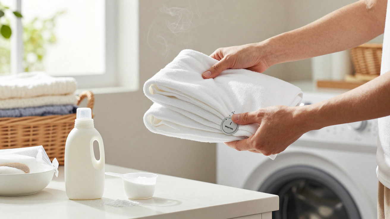 Person holding freshly steamed white towels with a laundry bottle, measuring cup, and washing machine in background