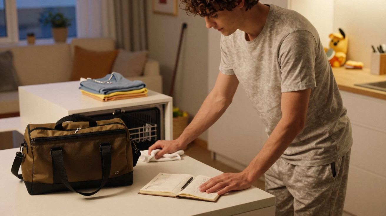 Young man in casual clothes writing in a notebook on a kitchen island near an open dishwasher and a bag.