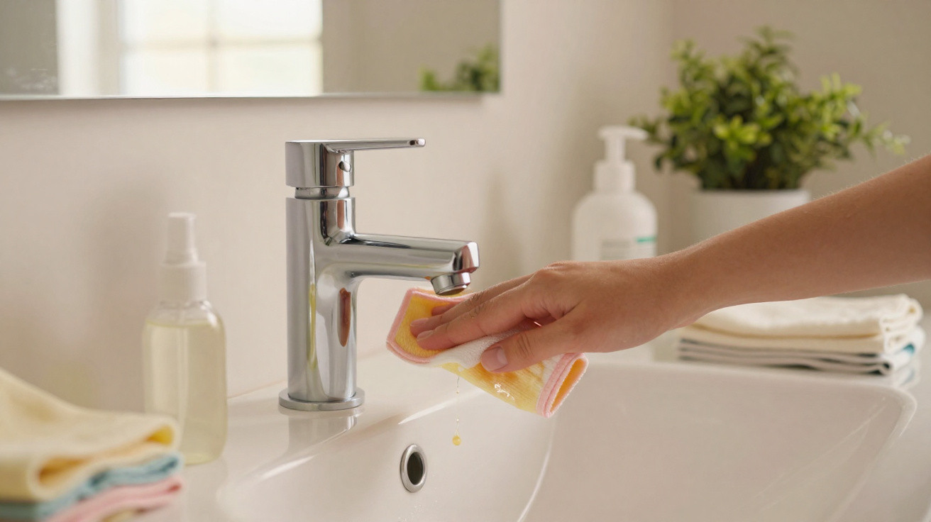 Hand wiping bathroom sink tap with a yellow cloth, with soap dispenser and plants in the background.