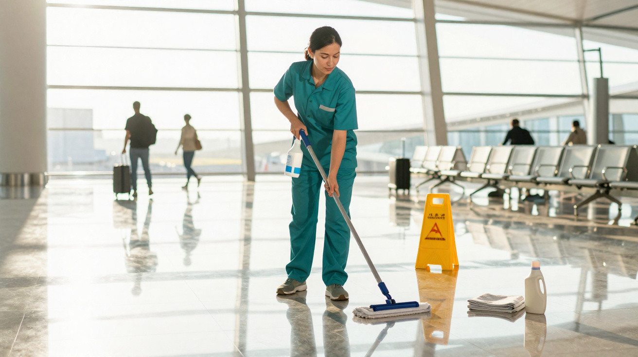 A cleaner in green uniform mopping the floor in a bright, spacious airport terminal with few passengers.