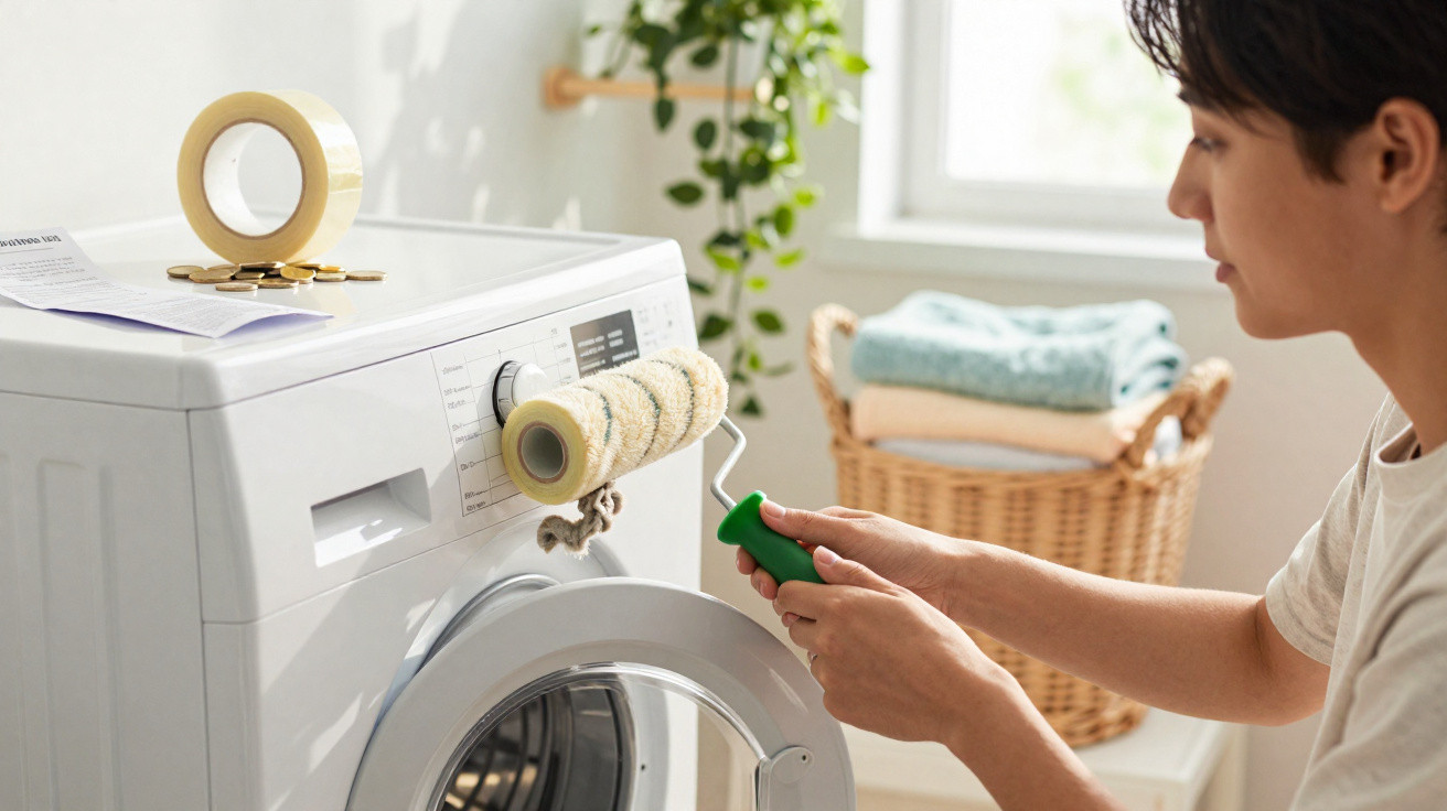Person using a paint roller on the dial of a white front-loading washing machine in a bright laundry room.