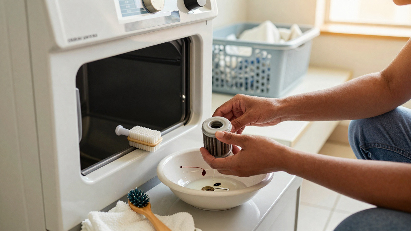Person cleaning a washing machine filter over a bowl next to a laundry basket and cleaning brushes.