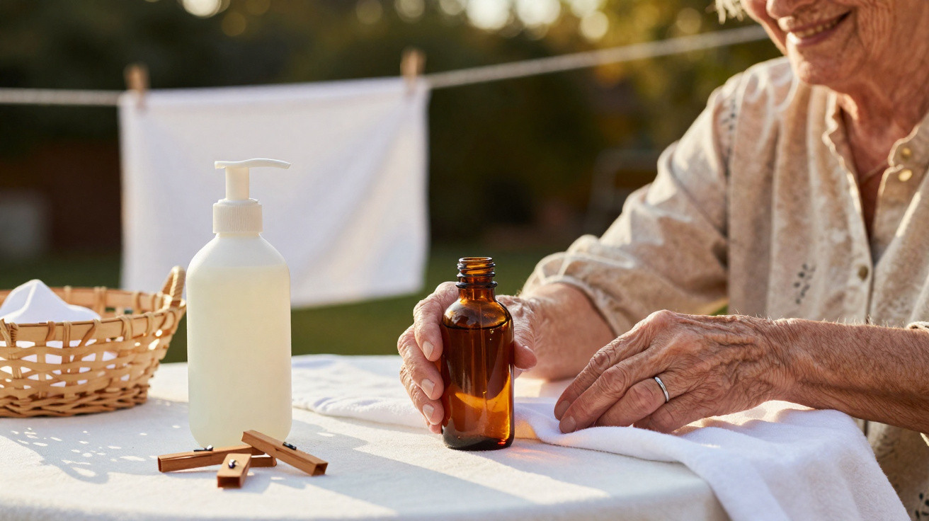 Elderly person holding a brown bottle beside a white lotion dispenser and wooden clothespins outdoors.