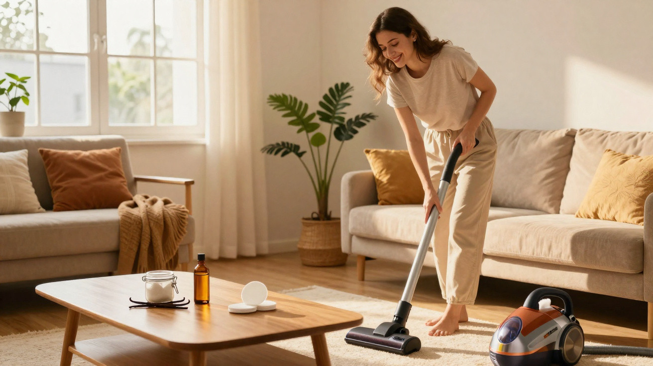 Woman vacuuming a carpet in a bright living room with beige sofas and a wooden coffee table.
