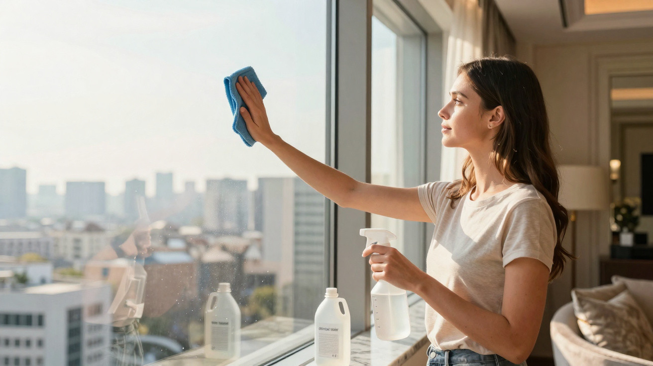 Young woman cleaning a large window in a modern apartment with a cloth and spray bottle.