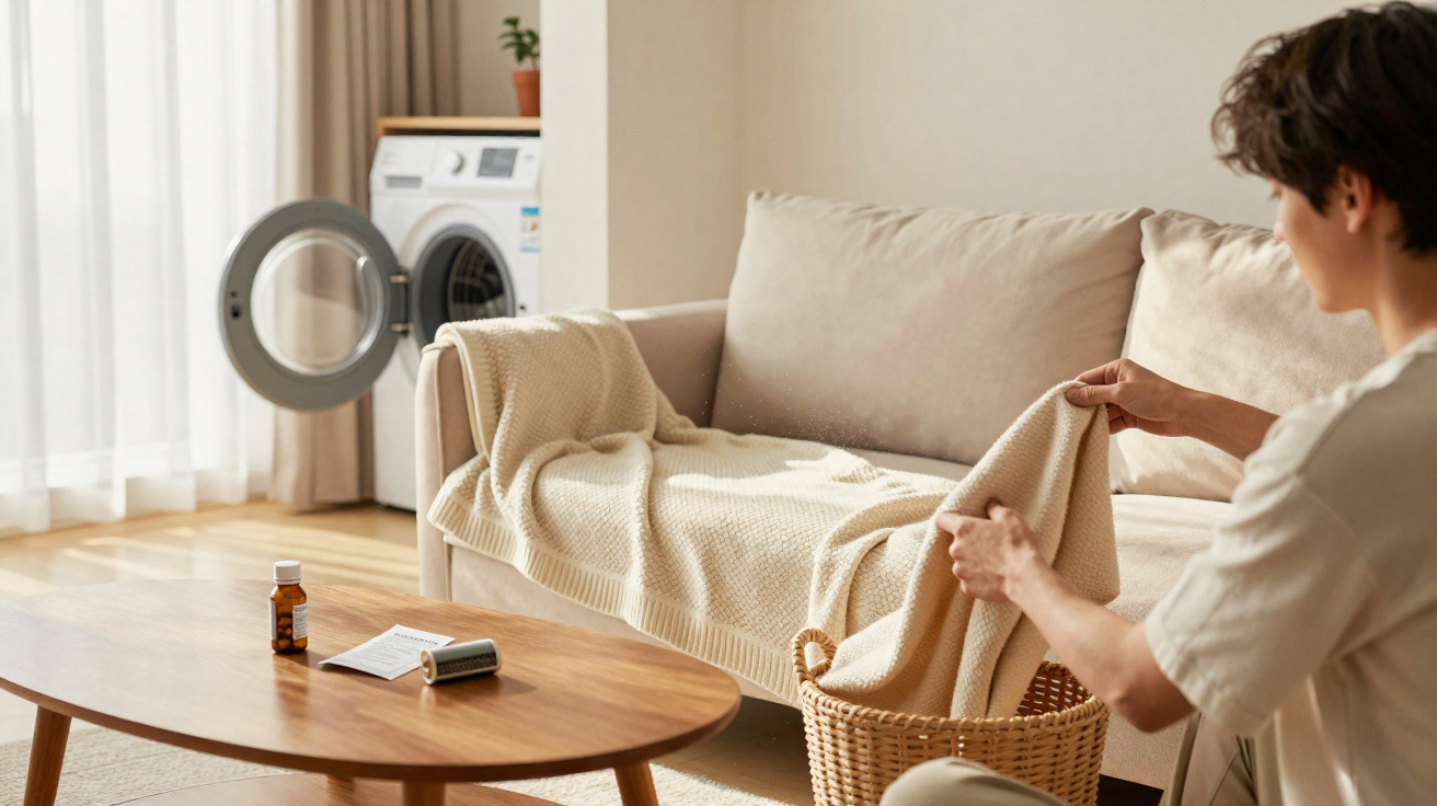 Person placing beige blanket into wicker laundry basket in a bright living room with open washing machine.