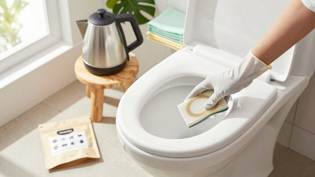 Hand wearing glove cleaning white toilet bowl with sponge in bright bathroom next to kettle and towels.