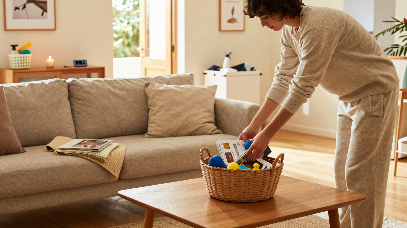 Person placing items in a wicker basket on a wooden coffee table in a cosy living room.