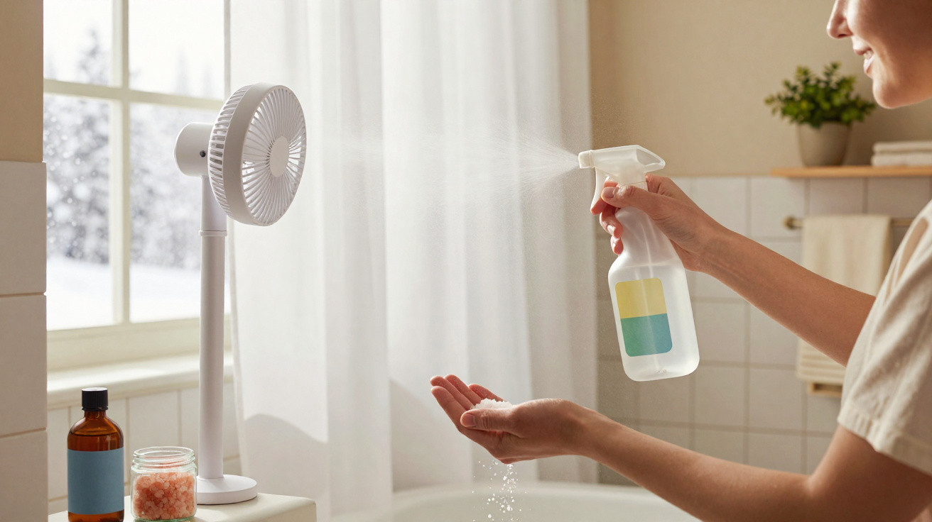 Person spraying water from a spray bottle onto their other hand in a bright bathroom.