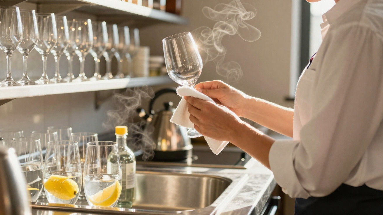 Person drying a steaming wine glass in a kitchen with glasses and lemon water by the sink.