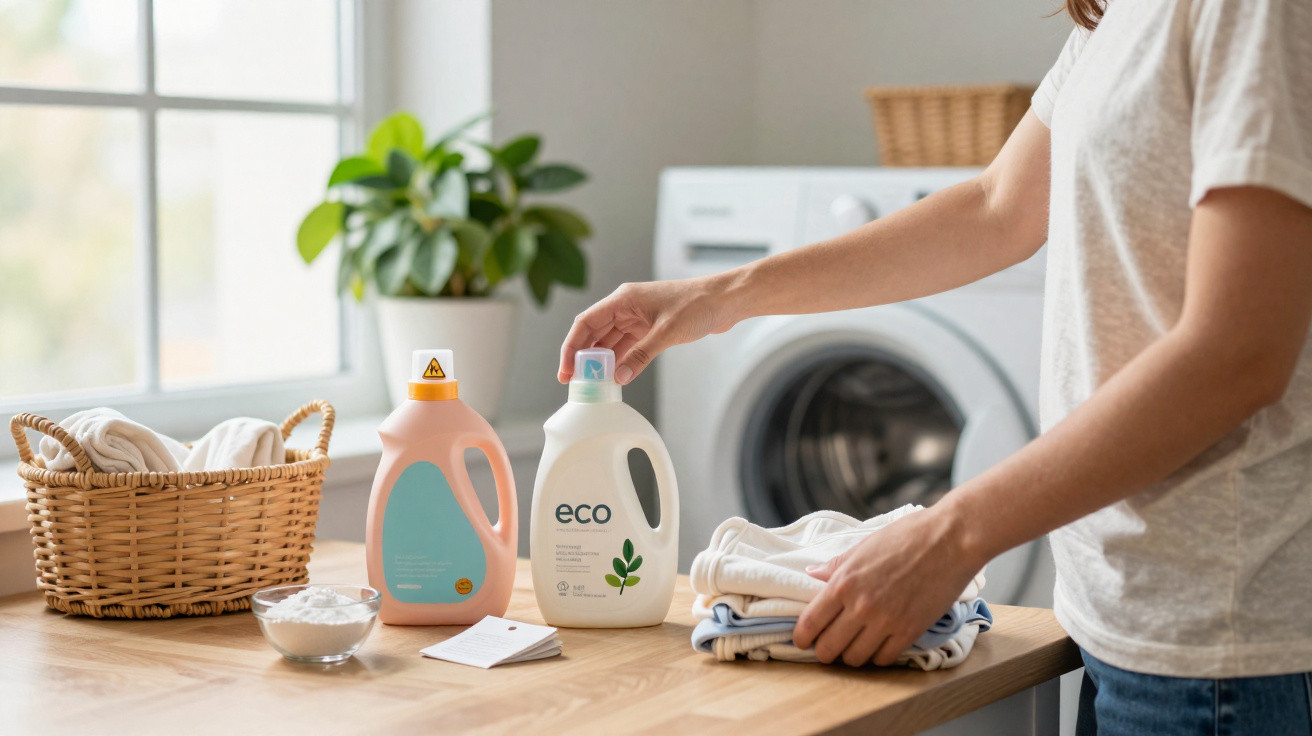 Person pouring eco-friendly laundry detergent next to basket of clothes and washing machine in bright laundry room.