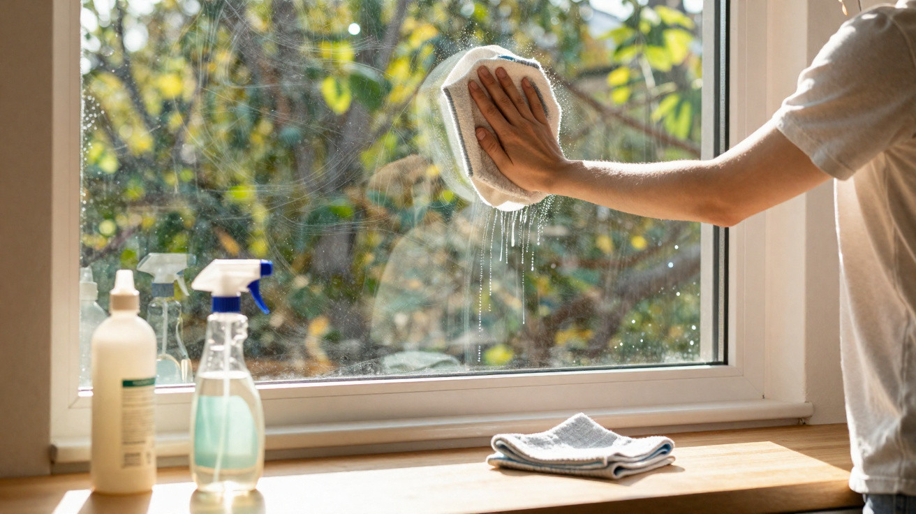 Person cleaning a window with a cloth and cleaning spray on a windowsill with sunlight outside.