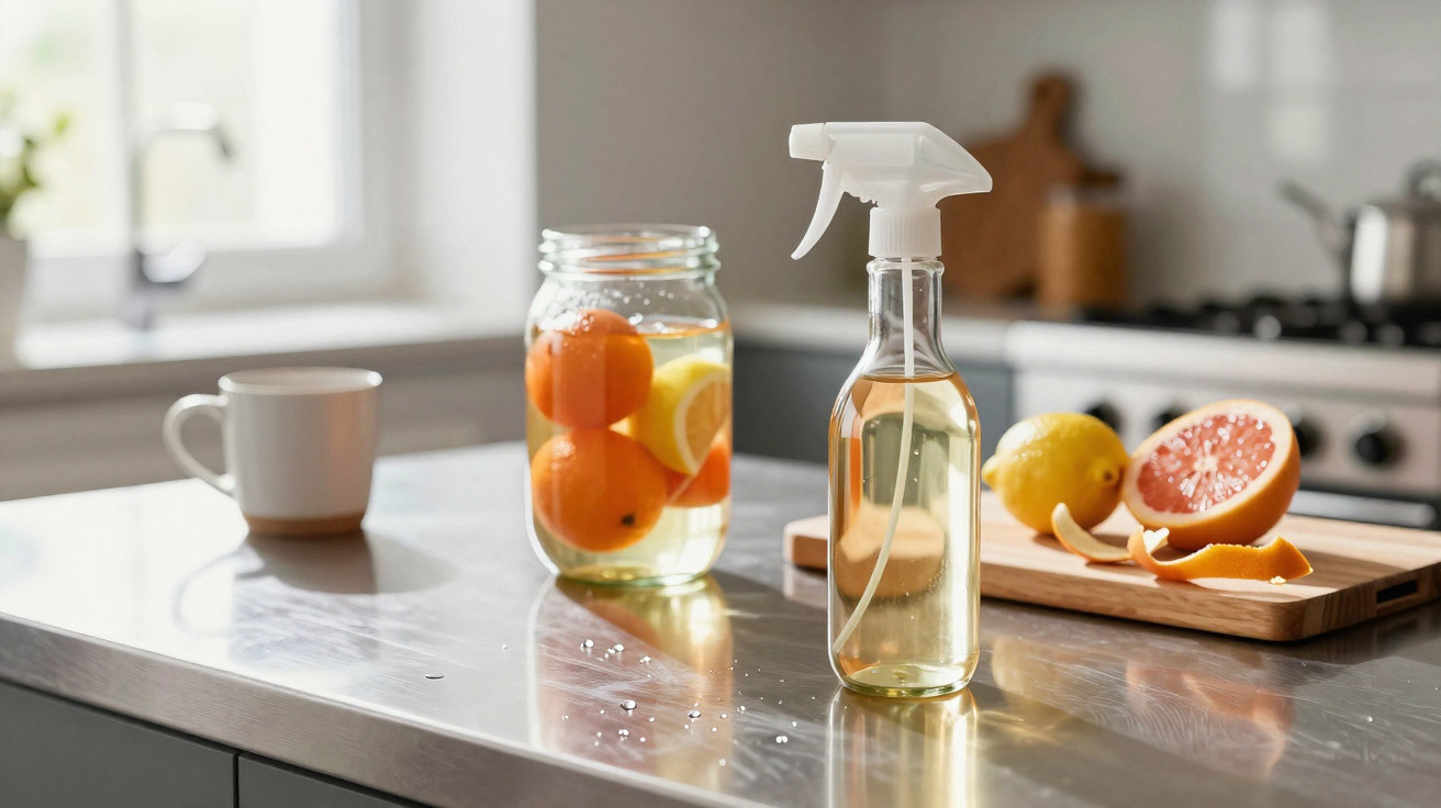 Spray bottle of homemade citrus cleaner, jar with oranges and lemons, and cut grapefruit on kitchen counter.