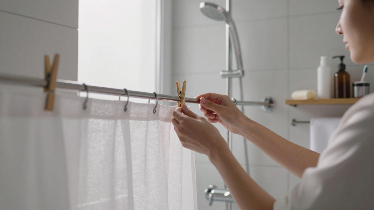 Person attaching a translucent shower curtain to a metal rod with clothespins in a bathroom.