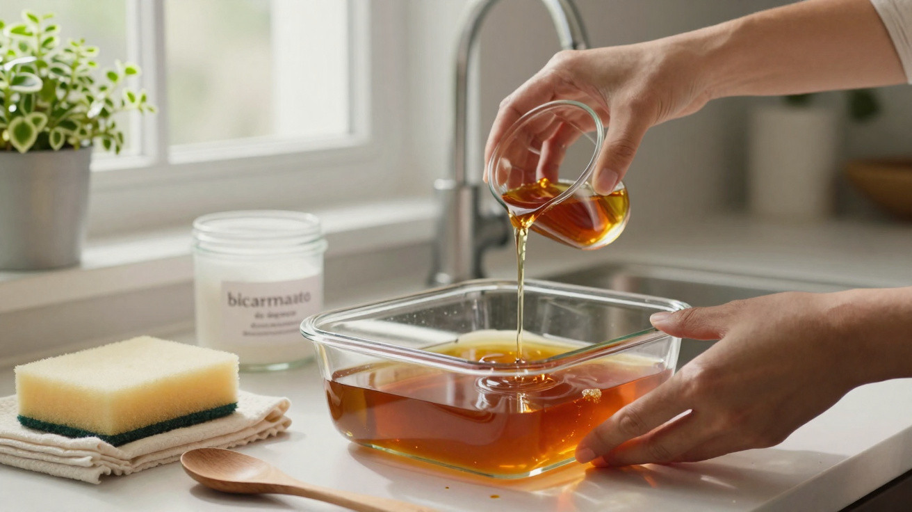 Person pouring golden liquid from a small glass into a larger square glass container on a kitchen counter.