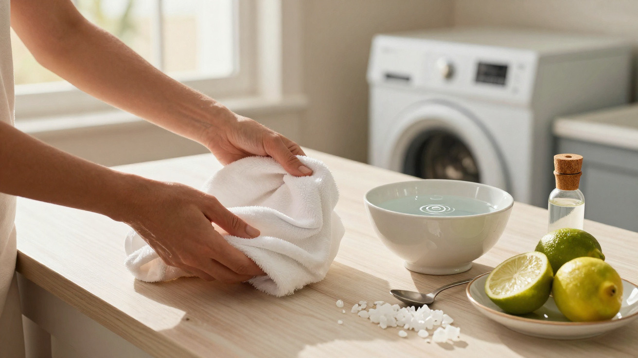 Hands holding a white towel next to a bowl of water, lime fruits, a spoon, and a washing machine in the background.
