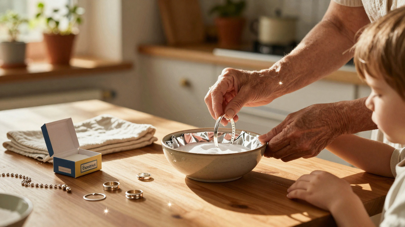 Hands of an elderly person and child cleaning jewellery in a bowl of baking soda on a wooden table.
