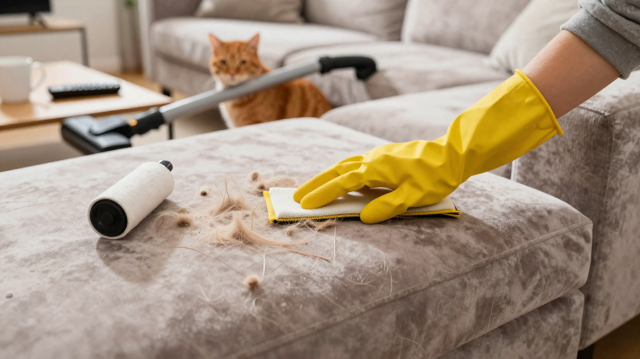 Person wearing yellow glove cleaning pet hair from beige sofa with lint roller, orange cat sitting in the background.