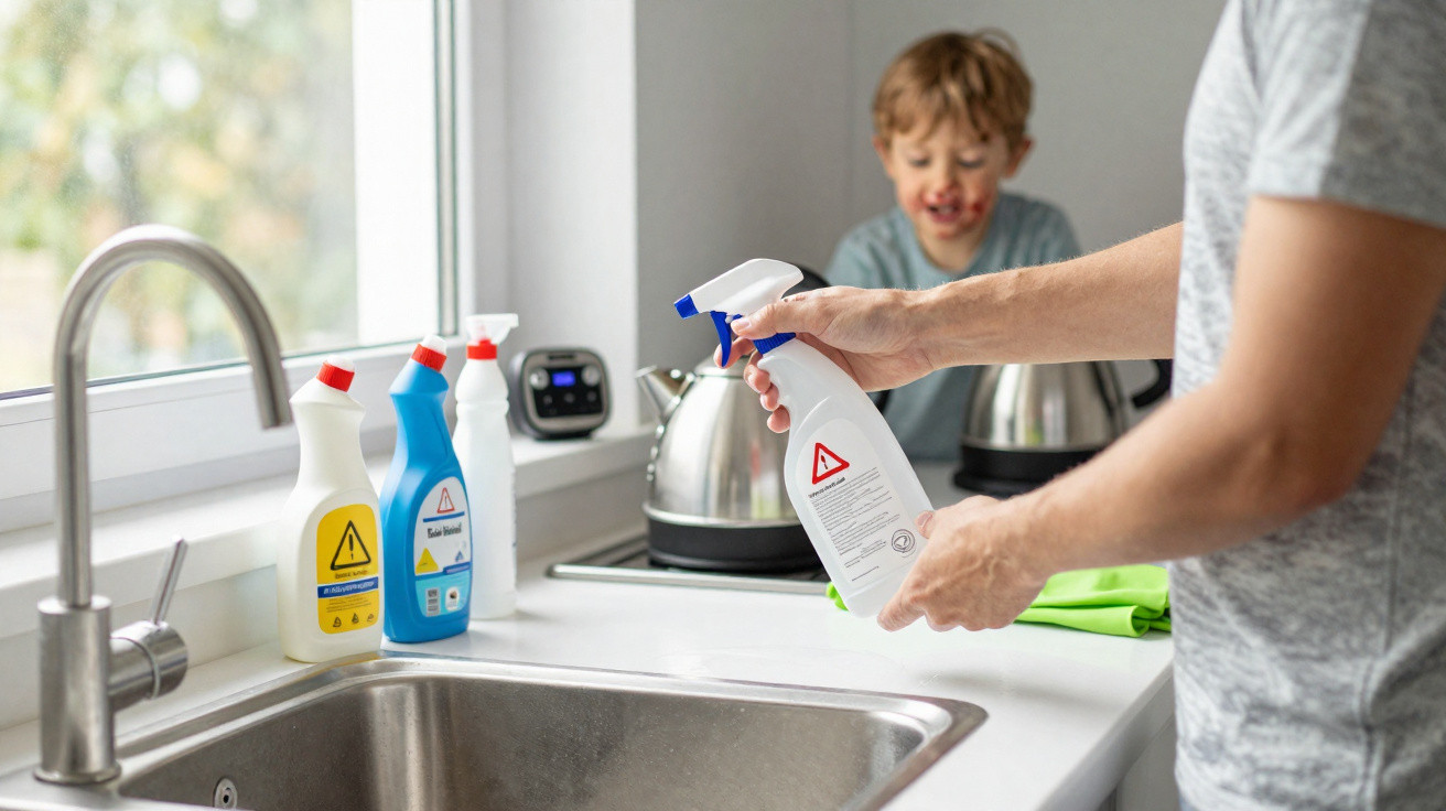 Person holding a spray cleaner near a kitchen sink with a child in the background with a messy face.
