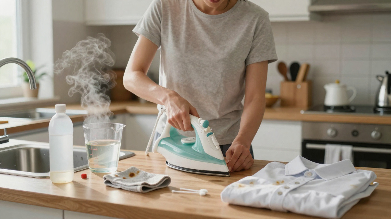Person using a steam iron to remove stains from fabric in a modern kitchen setting.