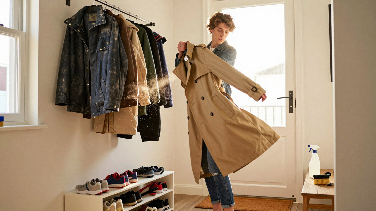 Person shaking dust from a beige trench coat in a hallway with coats and shoes on racks.