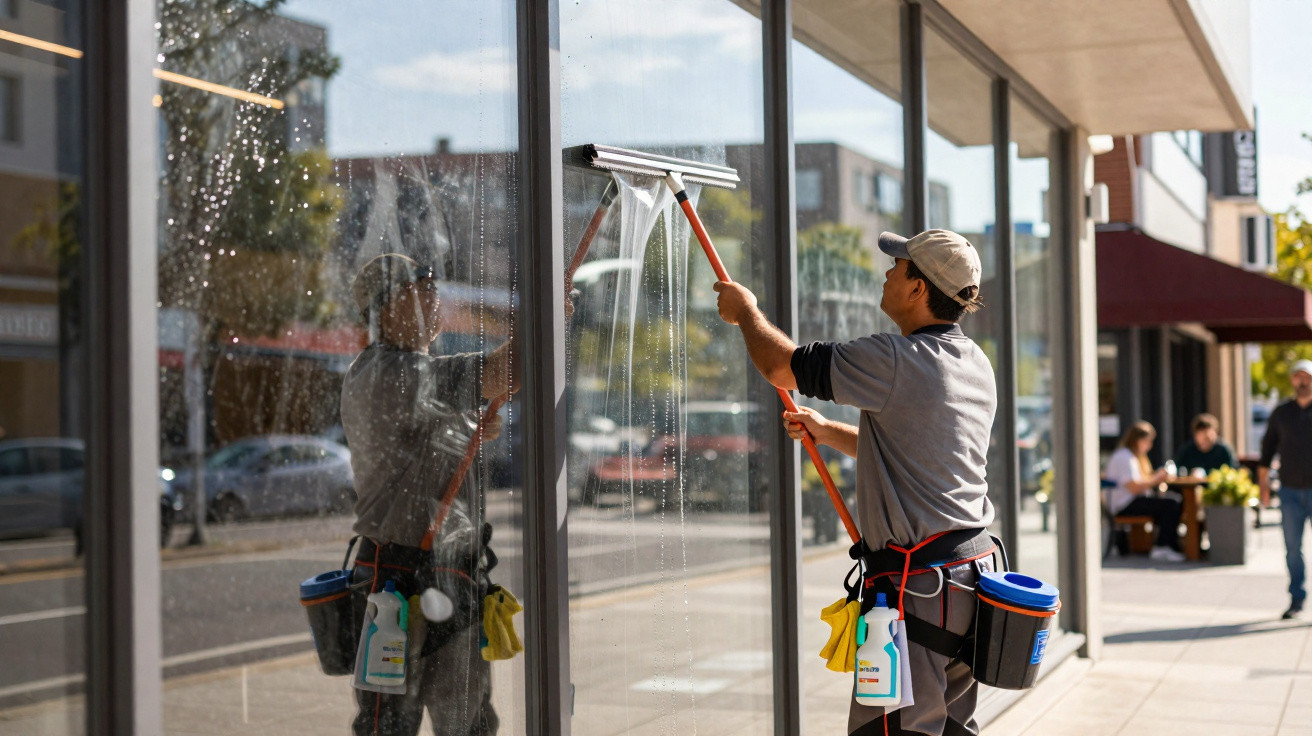 Man cleaning large shop window on sunny city street with squeegee and cleaning supplies attached to belt