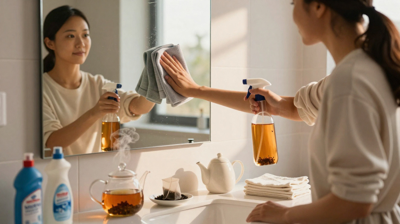 Woman cleaning a bathroom mirror with a spray bottle and cloth, reflected in the mirror above the sink.