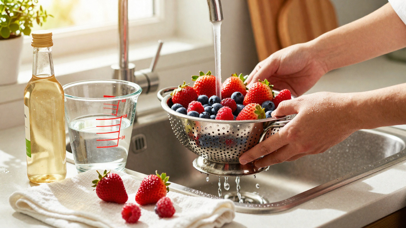 Hands washing strawberries, blueberries, and raspberries in a metal colander under a kitchen tap.