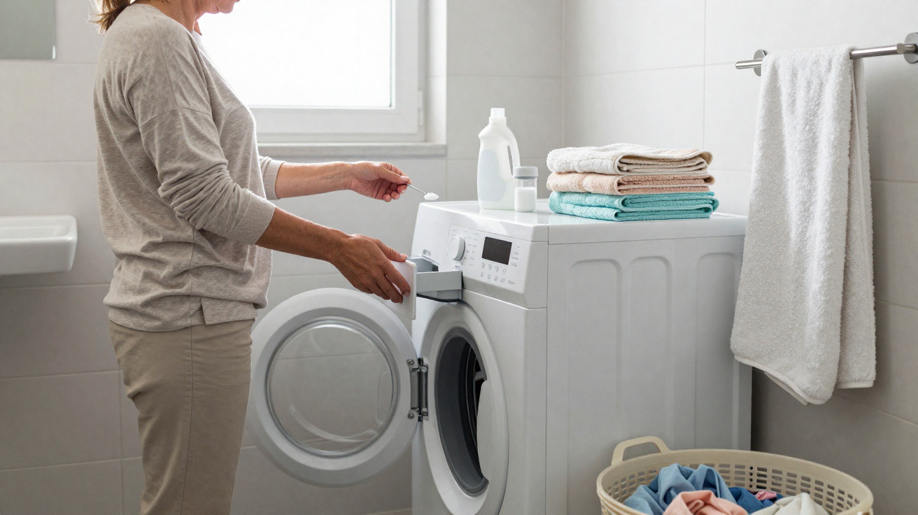 Person adding detergent to a front-loading washing machine in a bright laundry room with folded towels and laundry basket.